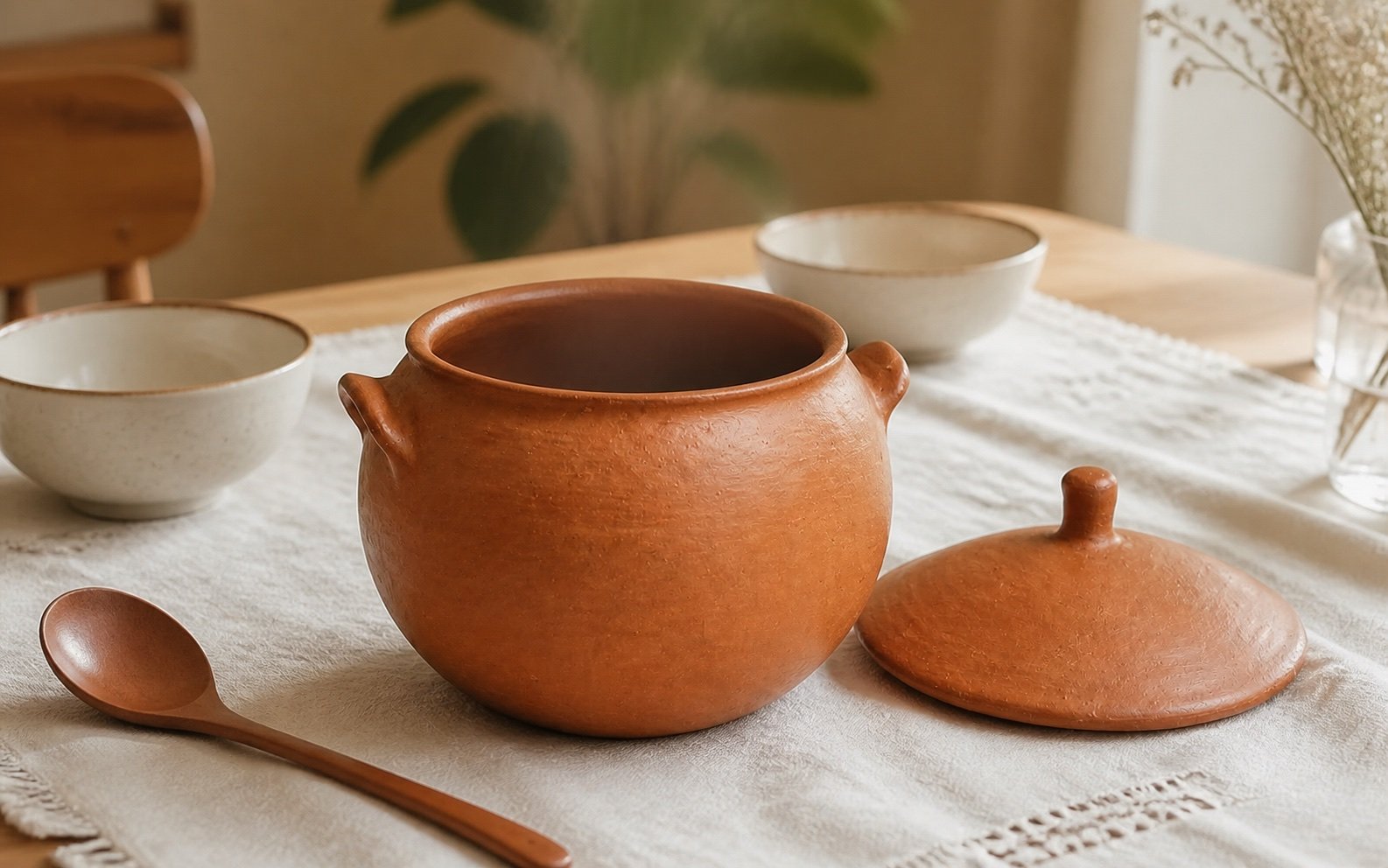 Panela de barro aberta em uma mesa com louça neutra